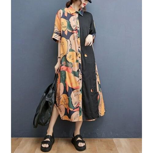 Womens Spring Summer Runway Fashion Casual Loose Contrast Color Print Dress Female Travel Chic Plus Size Dress TB450