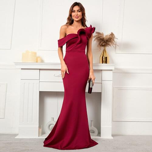 Partysix Women 2021 One Shoulder Evening Party Dress Ruffles Red Celebrity Maxi Sexy Slash Neck Long Prom Dresses Pure White
