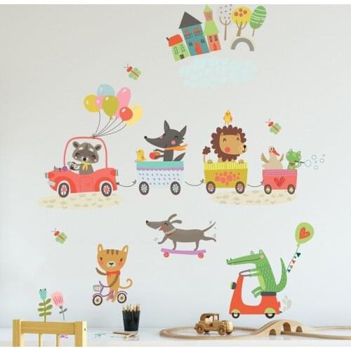 Animal Train Scooter Wall Stickers for Kids Room Bedroom Decor Kindergarten Backdrop Wall Decoration Aesthetic Cartoon Mural