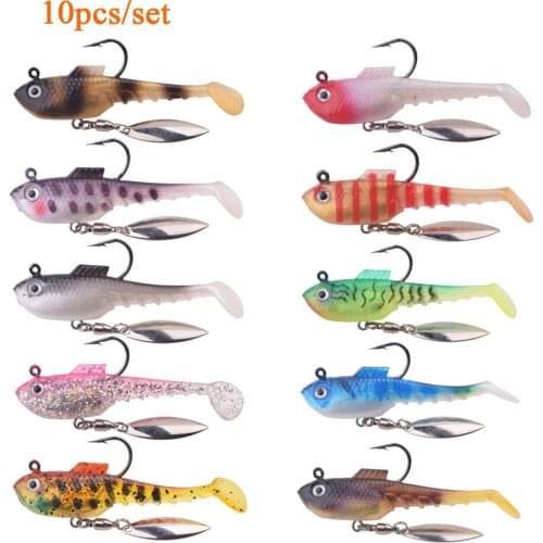 10pc Jig Head Wobblers Soft Lures 7cm 11.5g Silicone Artificial Bait With Spinner Metal Spoon On Tail For Bass Jigging Swimbaits