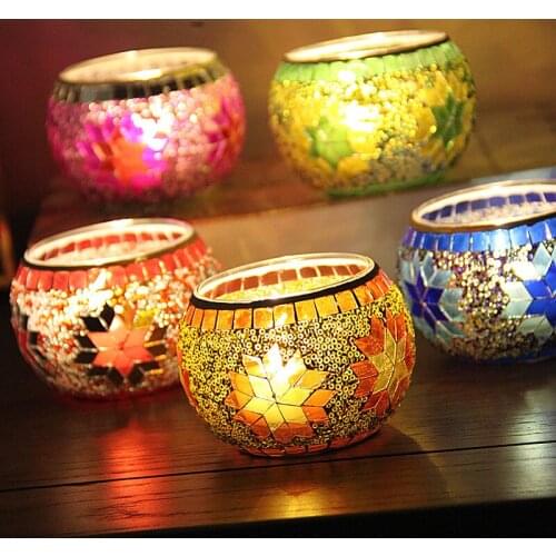 2pc Mosaic Glass Candle Holder Incense Burner Oil Lamp Cafe Home Decorative Candlestick Wedding Christmas Dinner Decor