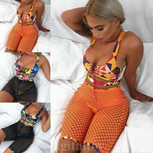 3PCS Swim Suit women print bandage bikini set fishnet shorts bathing suit push-up swimwear sexy Hollow out Beach Wear femme