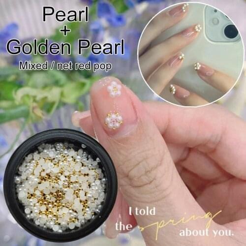 HNUIX white flat bottom pearl mixed with golden steel ball 1 box nail art decoration white semicircular pearl glittering DIY Nai