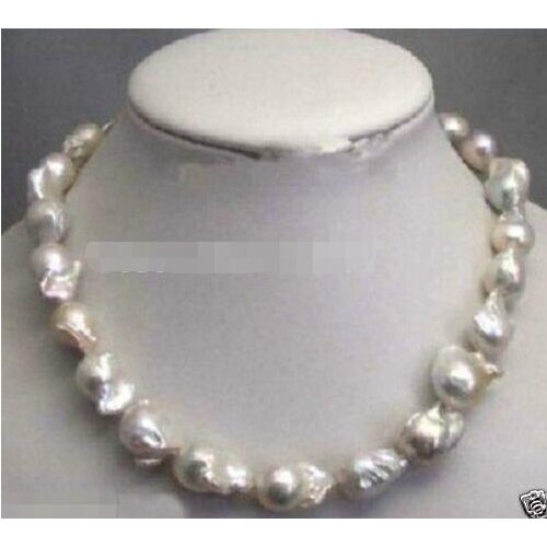 Free Shipping Pearl Necklace White disc Clasp 18 "Rare fine Large 15-23mm Unusual Baroque