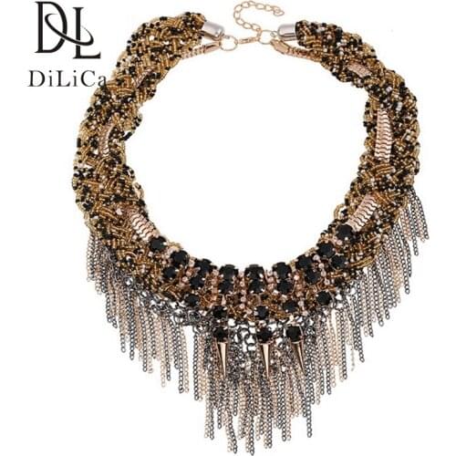 DiLiCa Vintage Beads Stone Tassel Bib Statement Necklace Women Alloy Maxi Charms Choker Clavicle Chain Necklaces Women Jewelry