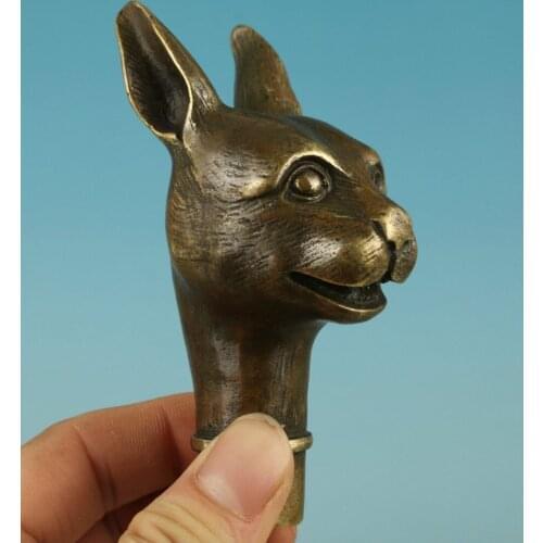 Chinese Old Bronze Handmade Carved Rabbit Collect Statue Walking Stick Head