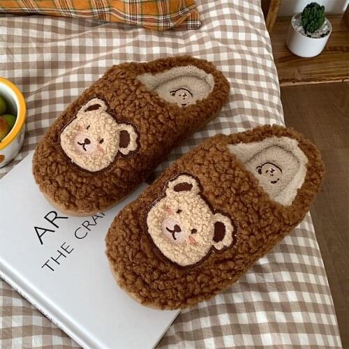 New girl heart cotton slippers female autumn and winter cartoon cute bear knot plush non-slip indoor confinement shoes household