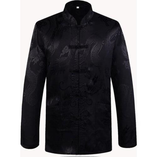 Brand New Arrival Black Chinese Traditional Mens Satin Mandarin Collar Dragon Silk Tang Suit Clothing Kung Fu Jacket Coat