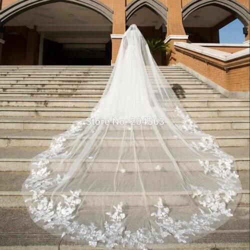 Real Photo 4 Meters One Layer Wedding Veil With Comb White Lace Edge Bridal Veils Ivory Appliqued Cathedral Wedding Veil M2020