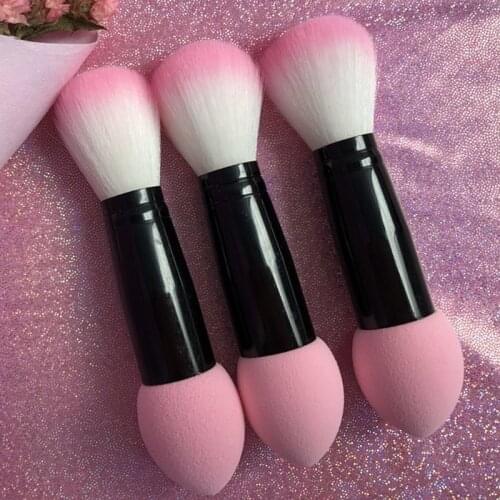 1pc Professional blusher brush Double heads Nylon Make up Brushes Two Head Metal Cosmetic Tools with Sponge Pink Color