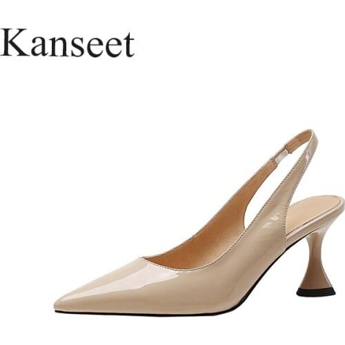 Kanseet New Female Shoes 2021 Summer Pointed Toe Patent Leather Elegant Handmade Back Strap Footwear 7.5cm High Heels Sandals