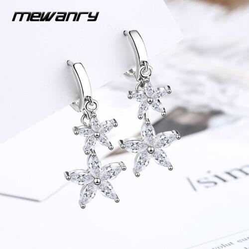 Mewanry 925 Sterling Silver Drop Earrings for Women Trend Sweet Sparkling Zircon Flower Bride Jewelry Party Gift Prevent Allergy