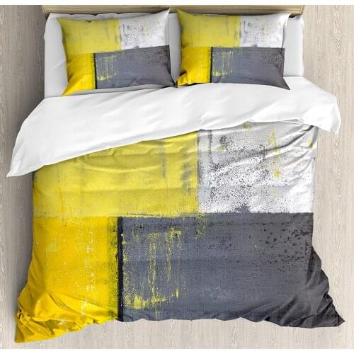 Grey and Yellow Duvet Cover Set Street Art Modern Grunge Abstract Design Squares Decorative 3 Piece Bedding Set