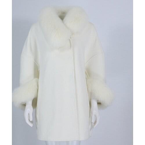 MENINA BONITA Real Fur Coat Winter Jacket Women Natural Fox Fur Collar Cuffs Three Quarter Sleeve Cashmere Wool Blends Loose New