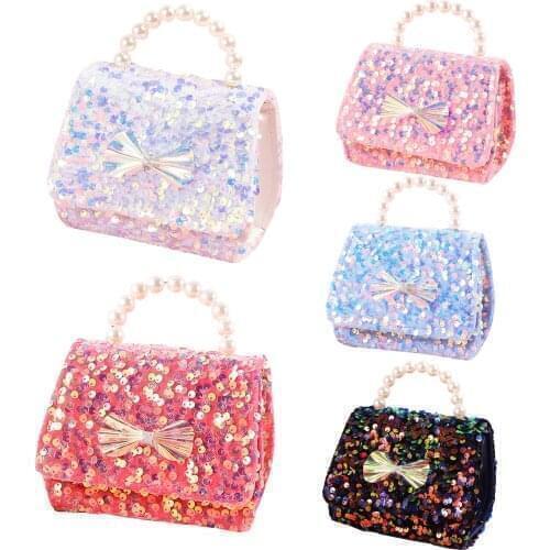 Stylish Korean Crossbody Shoulder Bag Glitter Sequins Handbag Childrens Princess Girl Mini Purse Messenger Bags with Pearl Chain