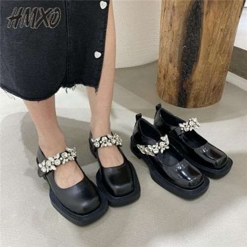 HMXO Thick-soled Mary Jane Leather Shoes Fairy Women Shoes Peas Shoes Retro Jk Lolita Cute Chic British Rhinestone Loafer Shoes