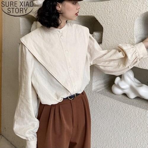 Spring Vintage White Cotton Linen Blouses Korean Office Blouse Women Lantern Sleeve Autumn Casual Button Up Ladies Shirt 12382