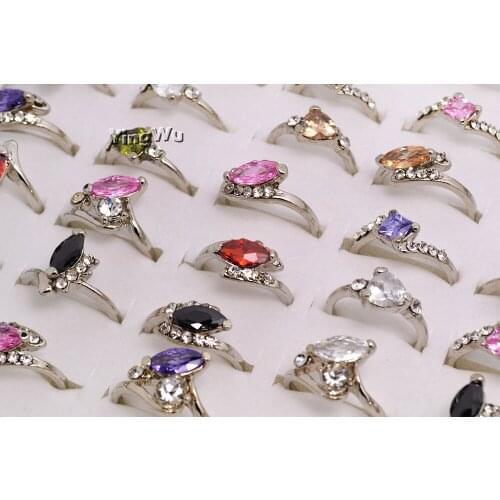 Yingwu 10Pcs Classic Silver Plated Rhinestone Zirconia Rings For Women Party Fashion Whole Bulk Jewelry Mixed Lots Free Ship
