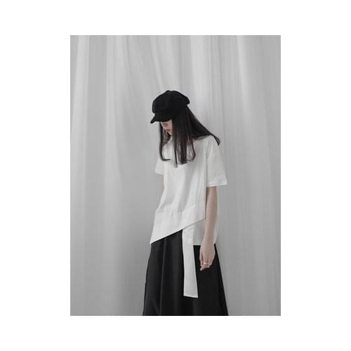 Women White Ribbon Asymmetrical Split Big Size T-shirt New Round Neck Short Sleeve Fashion Tide Spring Summer 2020 1T237