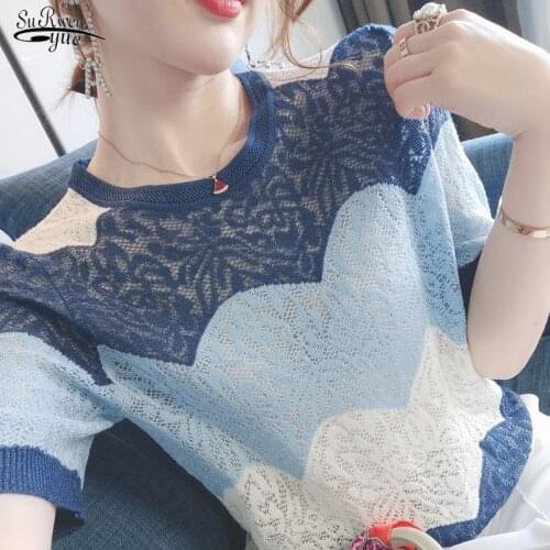 Summer Cotton Knitted Women Blouses and Tops Elegant Blue Fashion O Neck Women Shirts Hollow Out Short Sleeve Clothing 14657