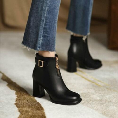 ZawsThia High-end PU Black Western Russia Woman Winter Shoes Round Toe Block High Heels Front Zipper Platform Ankle Martin Boots