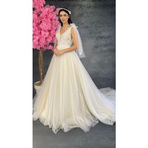 Womens Cream Bow Detailed V-Neck A-Line Wedding Dress Mariage Bridesmaid Party Evening Dress Bride Bridal Quality Fabric