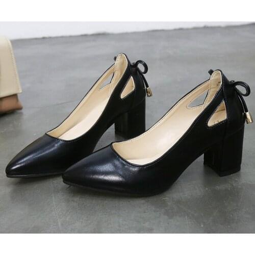 High Quality Women Pumps Pure Color Square High Heels 6CM Fashion Black Leather Shallow Wedding Shoes Woman Large Size 44