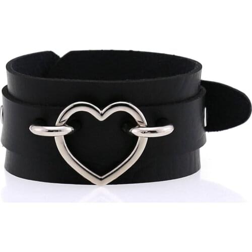 Heart Bracelet Black PU Leather Wristband Cuff goth gothic punk armbands Fashion love bracelets women men metal cosplay jewelry
