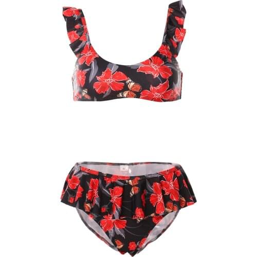 Meihuida Women’s Flower Printed 2Pcs Bikini Suit, Low Neckline Tank Tops with Ruffled Triangle Bottom, Sexy Swimwear
