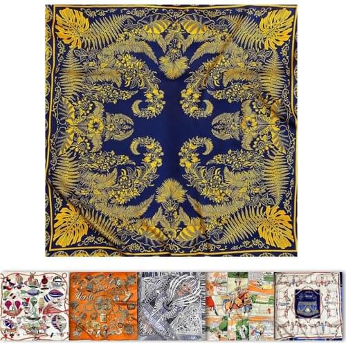 Flower print Silk Scarf Hand Rolled Edges Womens Satin Scarves Silk Square Scarf 90x90 Designer Silk Head Scarfs For Women 90cm