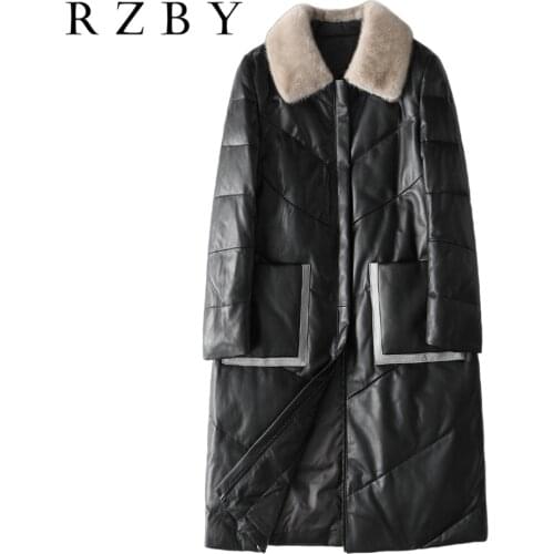 Women Sheepskin Coat Genuine Leather Jacket Winter White Duck Down Outwear Mink Fur Collar Long Parkas Mujer Chaqueta RZBY243