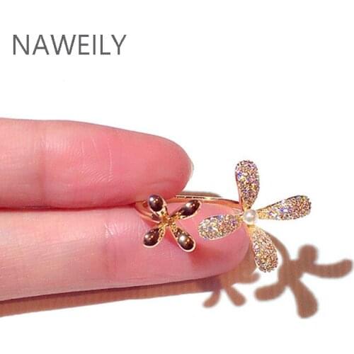 14K Real Gold CZ Flower Ring Korean Fashion For Women Adjustable Open AAA Zircon Rings Delicate Daily Jewelry