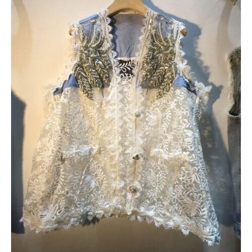 European 2020 Summer New Loose Full Sequined Pearl V-neck Sleeveless Vest Jacket Streetwear Women Sweet Lace Cardigan Coat