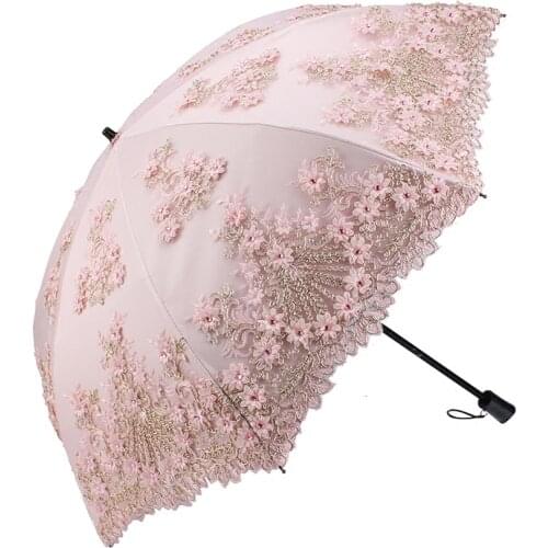 Double Sunscreen Umbrella UV Protection Lace Flower Embroidery umbrella rain women mini umbrella Folding Dual-use Sun Umbrella