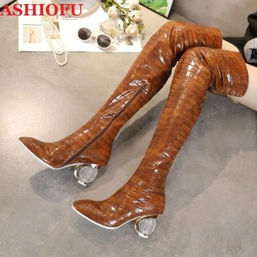 ASHIOFU 2020 New Style Handmade Ladies Crystal Heels Thigh High Boots Sexy Party Prom Over Knee Boots Real-pics Fashion Boots