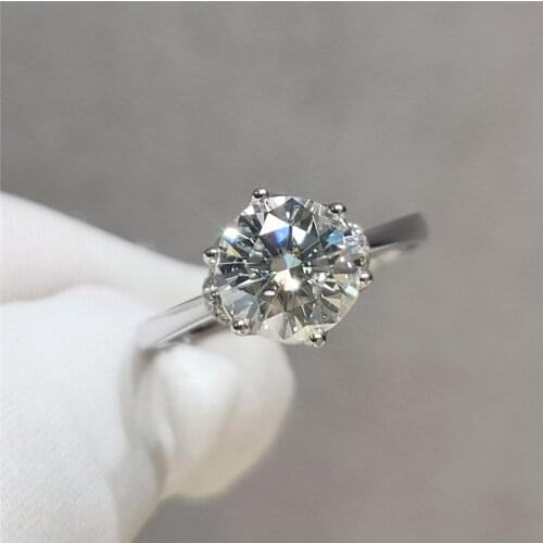 100% 18K White Gold 2 Carat 8mm Excellent Cut Diamond Test Passed D Color Shiny Moissanite Queen Ring Engagement Jewelry Gift