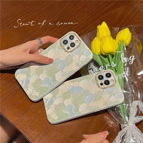 Retro Matcha green Abstract art oil painting Phone Case For iPhone 12 11 Pro Max Xs Max XR X 7 8 Plus 7Plus case Cute Soft Cover