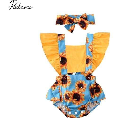 Pudcoco Floral Bodysuit for Newborn Infant Baby Girl Sunflower Short Sleeve Jumpsuit Clothes 2PCS Summer Outfit
