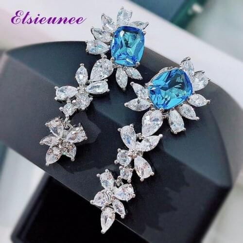 ELSIEUNEE 925 Sterling Silver Sapphire Aquamarine Created Moissanite Gemstone Wedding Dangle Drop Earrings Ladies Fine Jewelry