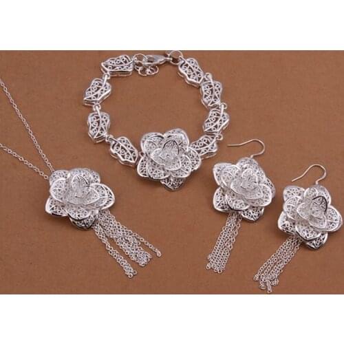 Wholesale Sterling 925 Silver Jewelry Set,925 Silver Fashion Jewelry,Flower Necklace+Bracelet+Earring Set SMTS437