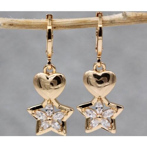 Cute Romantic Heart Gold Copper Earrings White Stone Dangle Drop Star Earring For Women Girls Fashion Jewelry Accessories Gift
