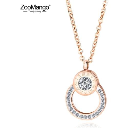 ZooMango Trendy Stainless Steel Choker Necklaces Rose Gold AAA Zircon Roma Numbers Pendant Necklace For Women Girls ZN17077
