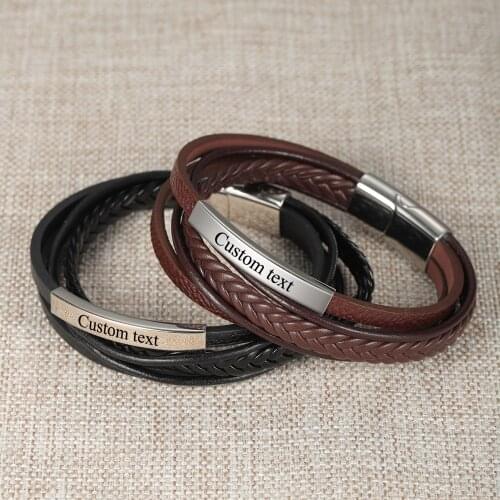 Customize Name Quotes Leather Bracelets for Men Glossy Stainless Steel Layered Braided Bangle Personalized DAD Husband Christmas