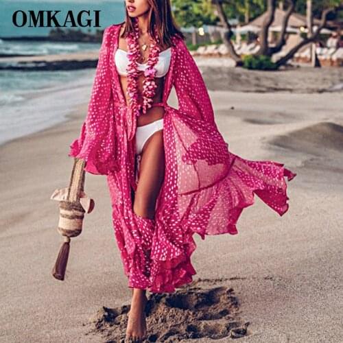 OMKAGI Sexy Cover Up Beach Solid Bikini Swimsuit Women Swimming Womens Bathing Suit Female Swimwear Floral Ruffled Hem Dress