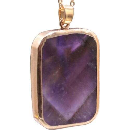 Wholesale 10 Pcs Light Yellow Gold Color Rectangle Shape Amethysts Stone Pendant Necklace Green Aventurine Jewelry