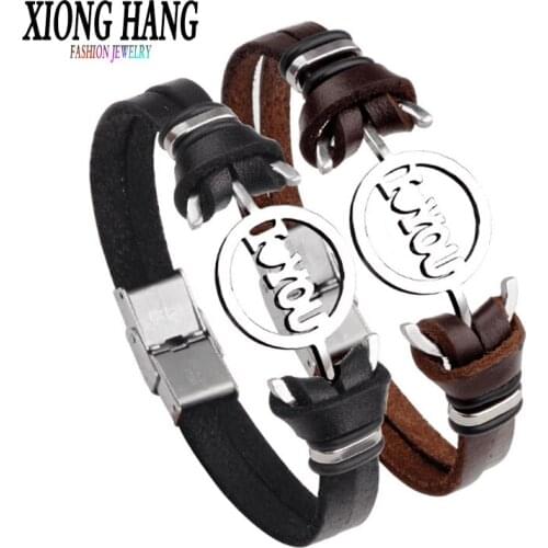 Xionghang Stainless Steel Woven Leather Bracelet Character Letter Lovers Bracelet Men Bracelet Vintage Jewelry Fashion Bracelet