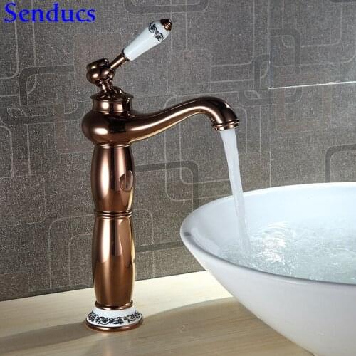 Senducs Rose Gold Basin Mixer Tap Quality Brass Bathroom Basin Sink Faucet Luxury European Rose Gold Bathroom Basin Faucet