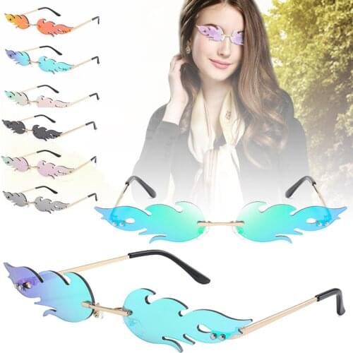 UV 400 Wave shape Sunglasses Trending Narrow Fire Flame Sunglasses Car Driving Glasses Eyewear Rimless Streetwear Goggle L15