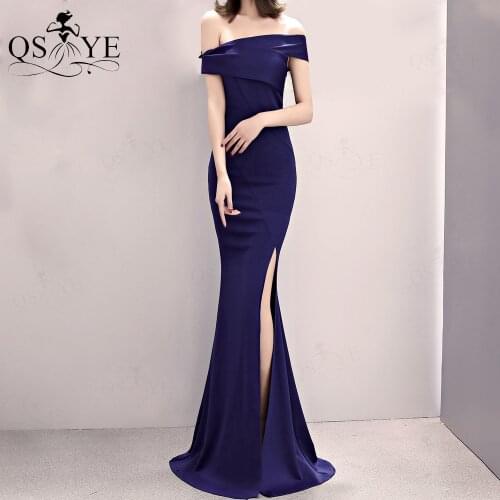 Navy Evening Dresses Stretch Mermaid Off the Shoulder Split Formal Gown Strapless One Strap Fitted Deep Blue Prom Party Dresses