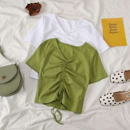 Womens T-shirt new top clothes Harajuku ropa mujer kpop tee vintage dropshipping vegan short tight body green drawstring shirt